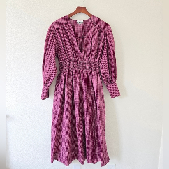 GANNI Carmine Rose Seersucker Check Gingham V Neck Gathered Midi Dress Small /36 - Picture 3 of 16